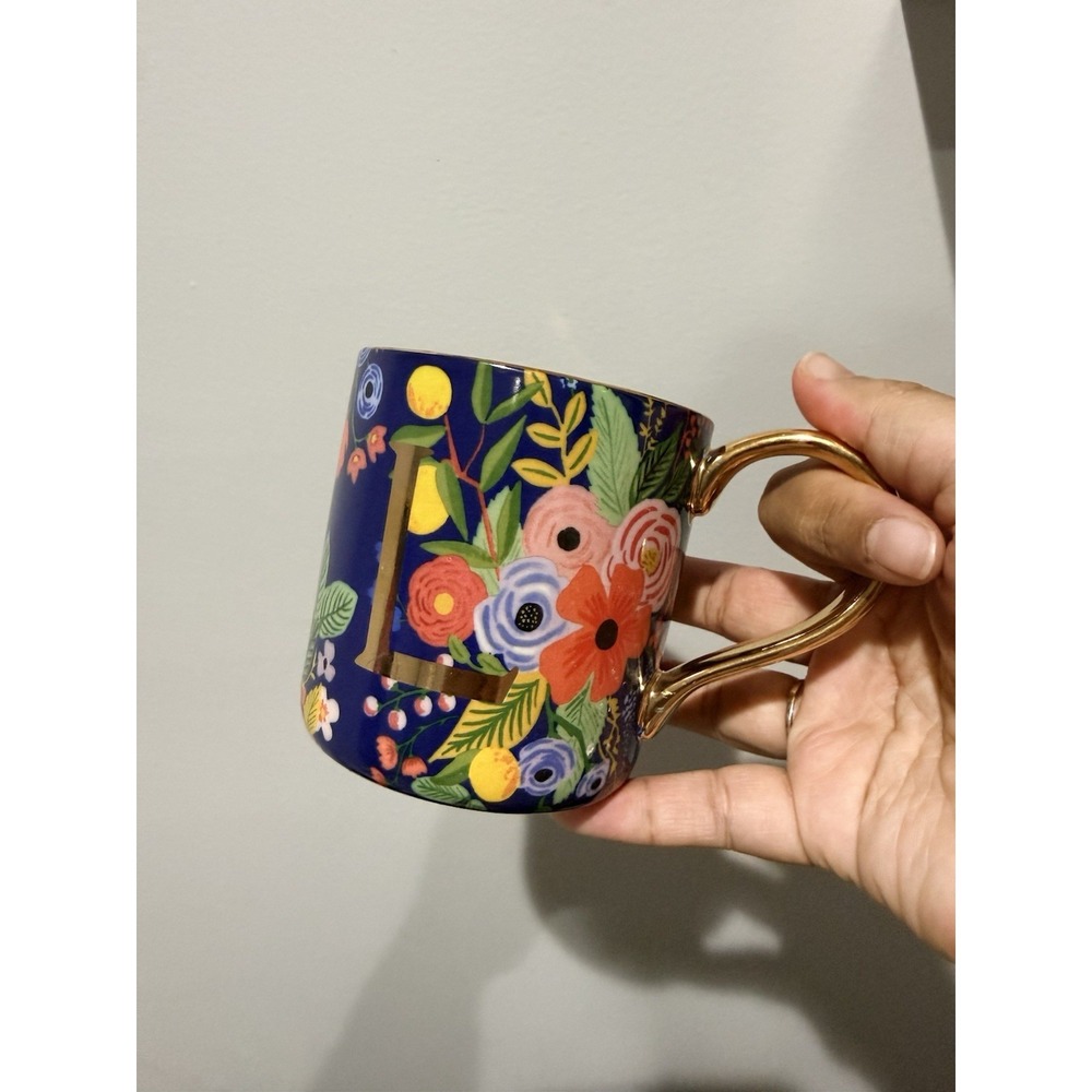 Rifle Paper Co. Anthropologie Coffee Cup Mug Monogram Gold Letter "L"